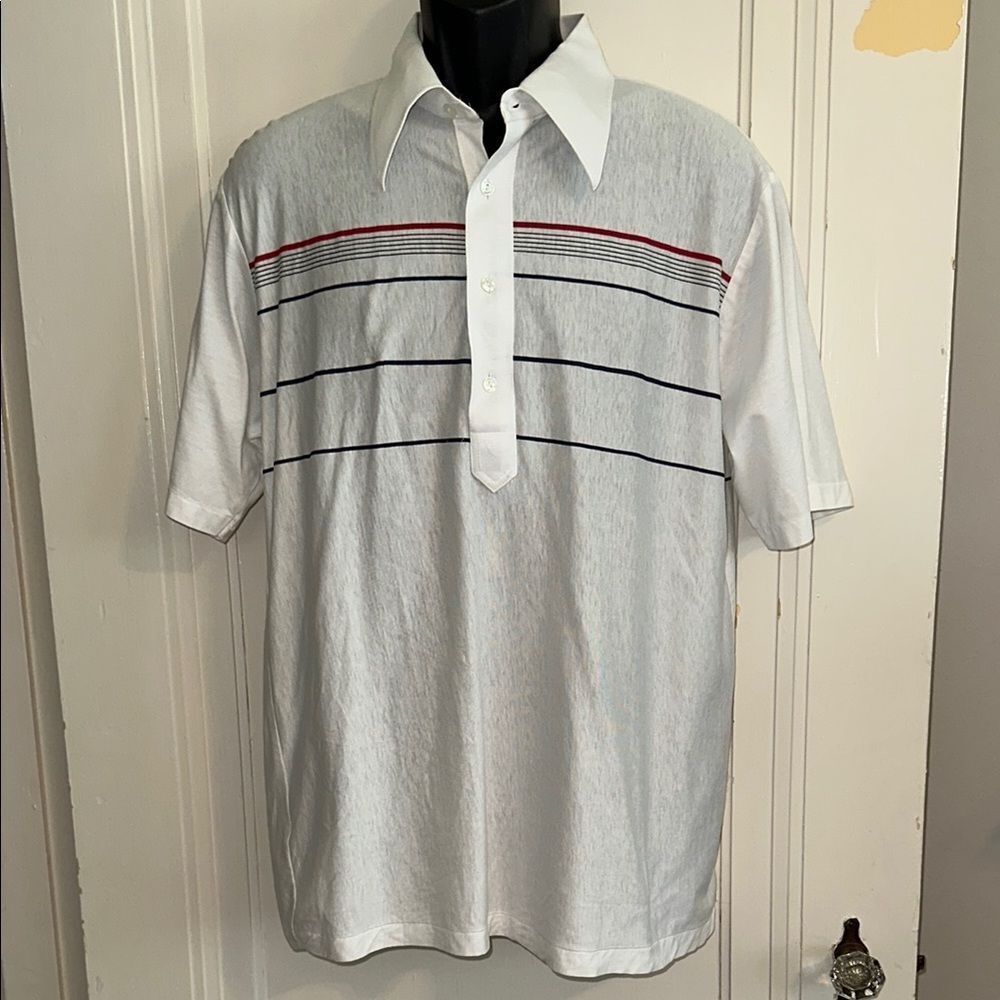 Vtg  70s Manhattan White Striped Men's‎ Cotton/Polyester Polo Short Sleeve Shirt